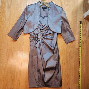 R & M Richards Women's Gray Metallic Floral Appliqué Formal Dress & Jacket Sz 14